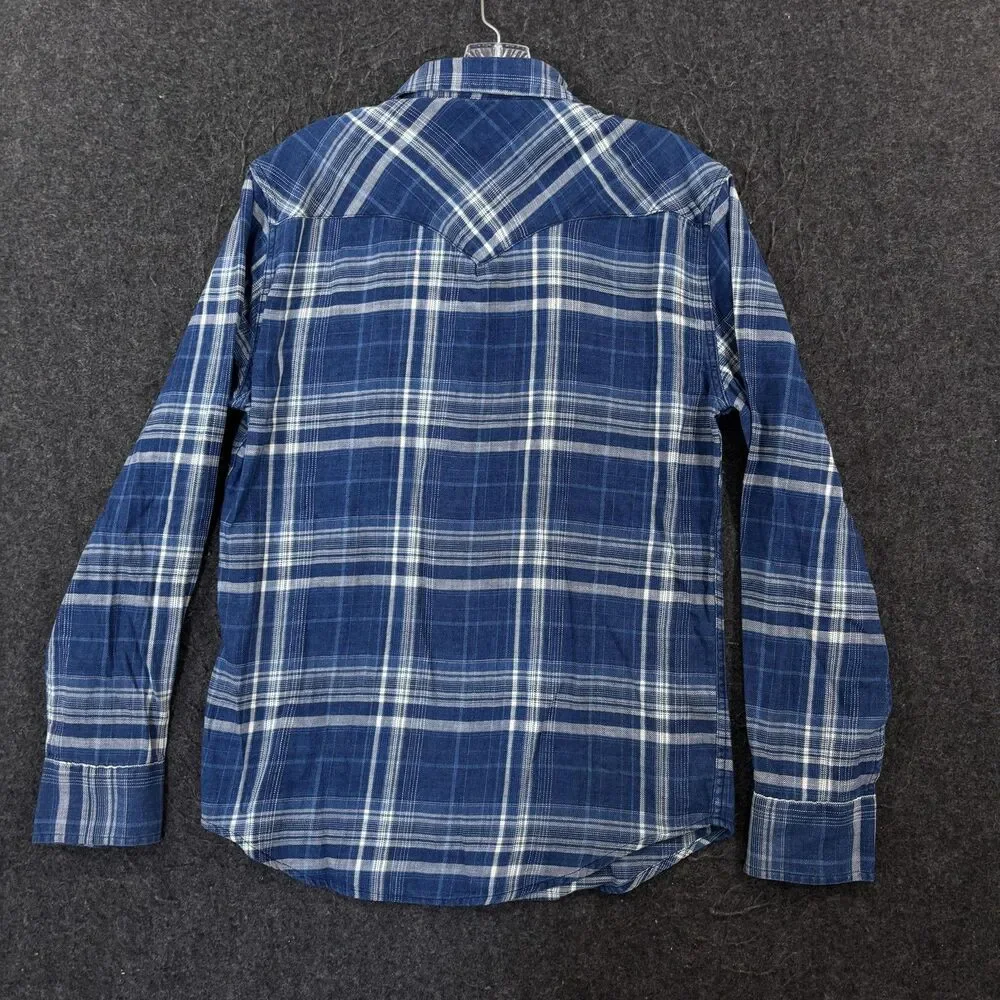 Levis Flannel Shirt Mens Small Blue Plaid Pearl Snap Button Western Standard Fit